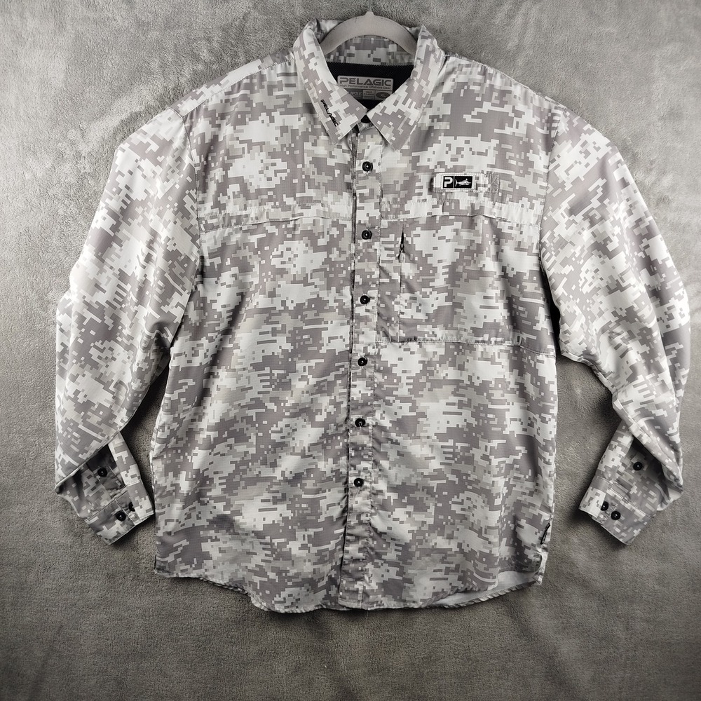 Pelagic Eclipse Guide Button Shirt Mens XL Gray Digital Camo Vented Fishing